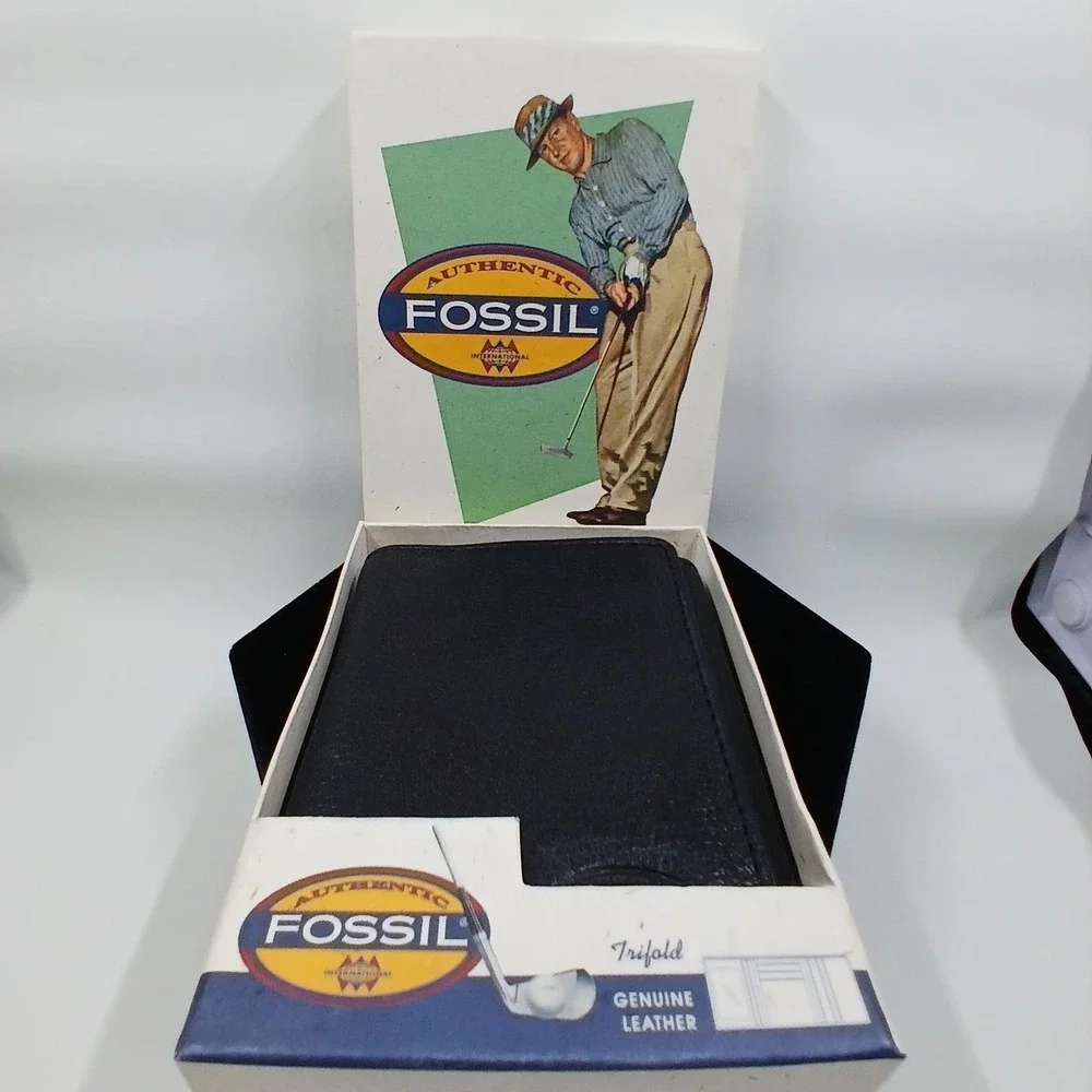 Fossil‎ Leather Wallet Mens One Size Black Trifold Golf Theme Boxed Logo